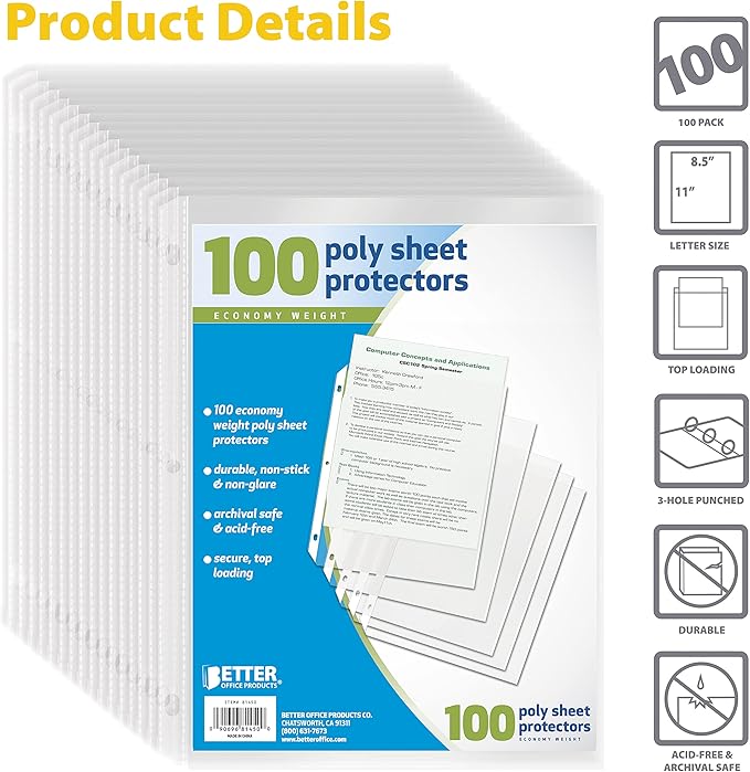 Better Office Products Sheet Protectors, 100 Count (81450)