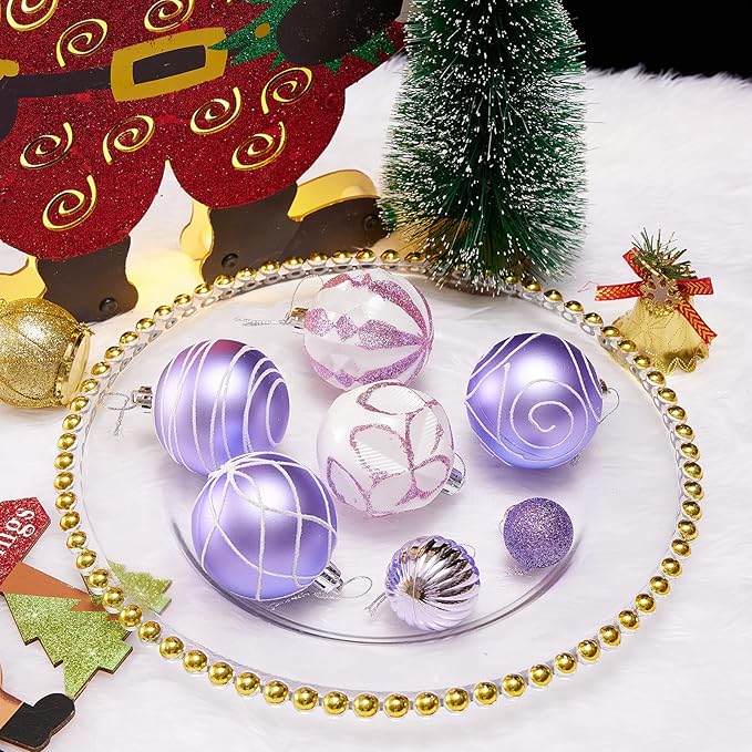 100Pcs Elegant Christmas Balls Set Christmas Tree Ornaments with Glitter and Patterns Bulk Ornaments for Tree as Festive Christmas Decor Xmas Ball Set Purple White