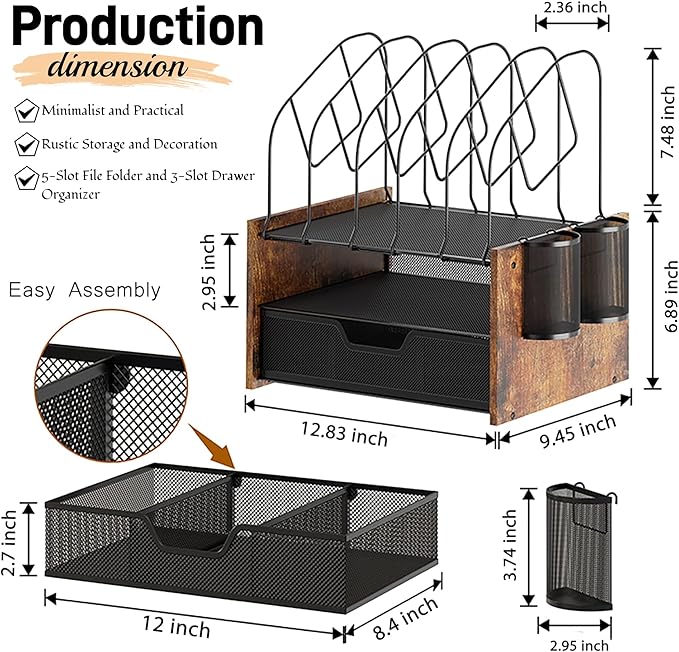 Wood Desk Organizer - 2-Tier Desktop File Organizer with Drawer with Vertical File Holder, Wooden Paper Tray, Office Desk Organzier and Accessories for Papers, Mail, Notebooks, Stationery