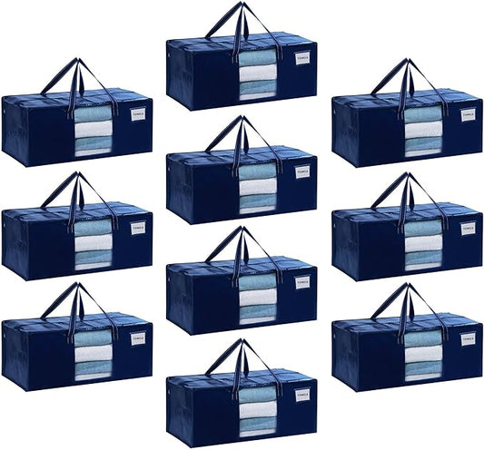 VENO 10 Pack Moving Bags Extra Large Storage Bags for College Move-In, Heavy-Duty Storage Totes, Packing Boxes, and Wardrobe Moving Supplies - Durable Laundry Bags for Clothes (Blue w/Window, 10 Pack)