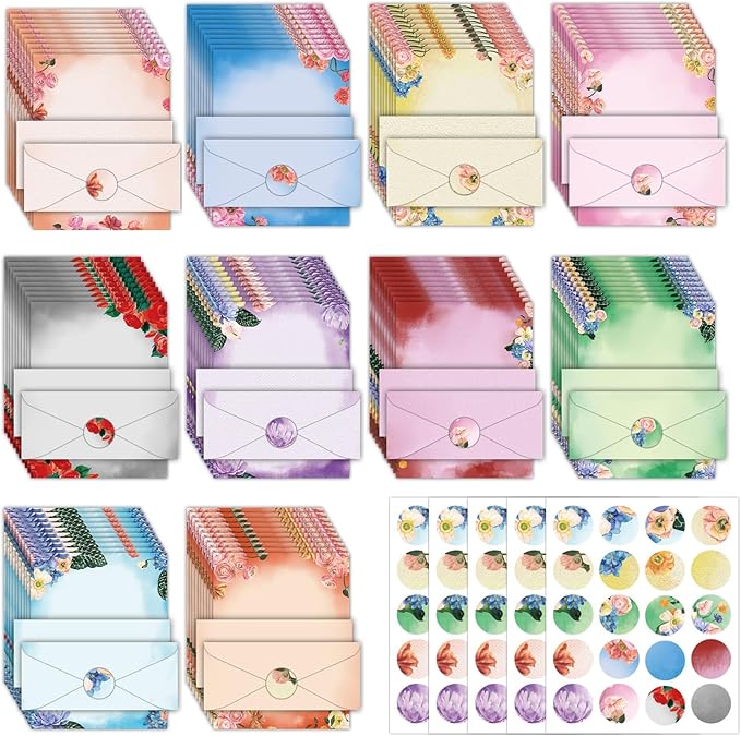 250Pcs Watercolor Stationery Paper and Envelope Set with 100 Letterhead Papers and 50 Envelopes, 10 Design for Letter Writing,Invitations Computer Holidays Party Notes, 8.5x11 Inch-Floral