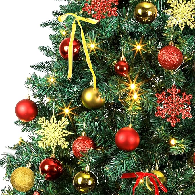 86Pcs Led Light Red and Gold Christmas Tree Decorations Set 100 Led Light Christmas Star Trees Topper with String Lights Xmas Balls Snowflakes Ornaments Bows Xmas Trees Decor 20m Light String