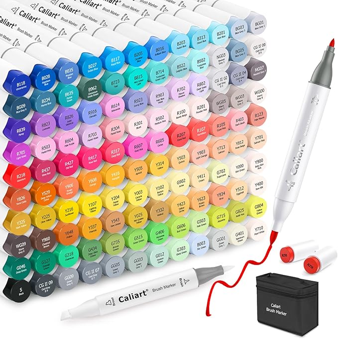 Caliart 121 Colors Brush & Fine Alcohol Markers for Adult Coloring Book, Dual Tip Artist Sketch Art Markers, Aesthetic Cute Preppy Stuff School Supplies, Pens for Lettering Drawing Cards Planner