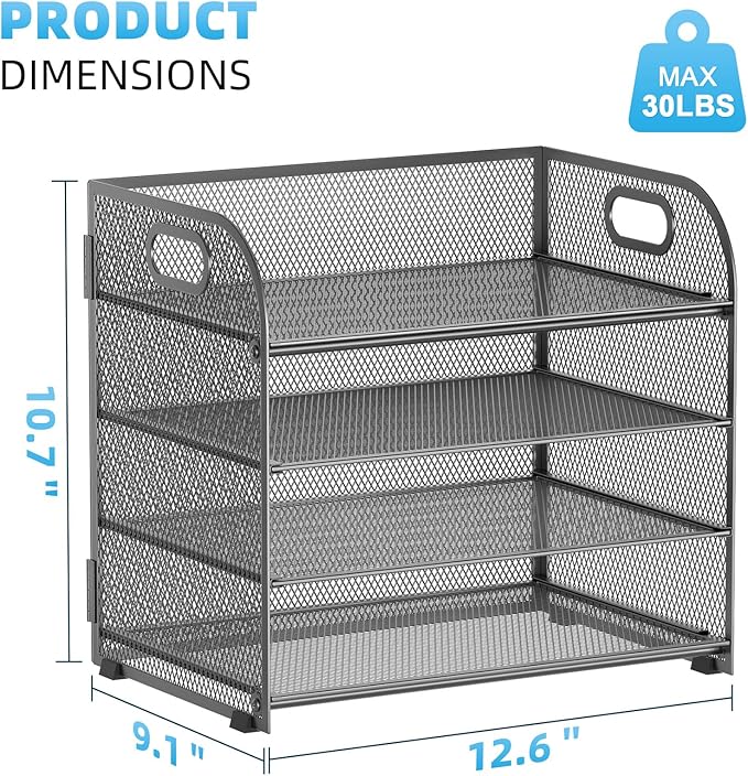 Marbrasse 4 Tier Paper Organizer Letter Tray - Mesh Desk File Organizer with Handle, Paper Sorter Organizer for Letter Office File Folder Holder (Grey, 12.6" x 9.1" x 10.7")
