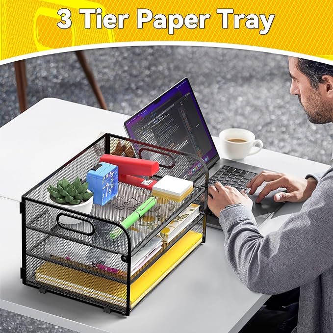 3 Tier Paper Organizer Tray with Handle, Mesh Letter Tray for Office, Home, School (1 Pack), Black