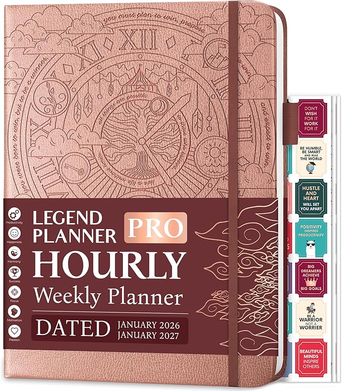Legend Hourly Schedule Planner PRO Dated Jan 2026-Jan 2027 – Deluxe Weekly & Daily Organizer with Time Slots. Appointment Book Journal for Work & Time Management, A4 Hardcover, Rose Gold