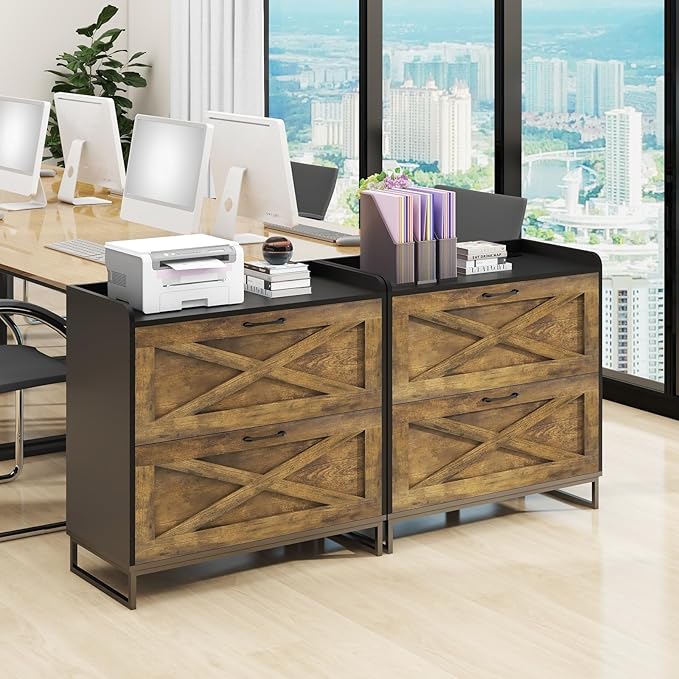 Lateral File Cabinet with Charging Station, 2 Drawer File Cabinet for Letter/Legal/A4 Size Hanging Files, Large Wood File Storage Cabinets, Rustic Brown and Black