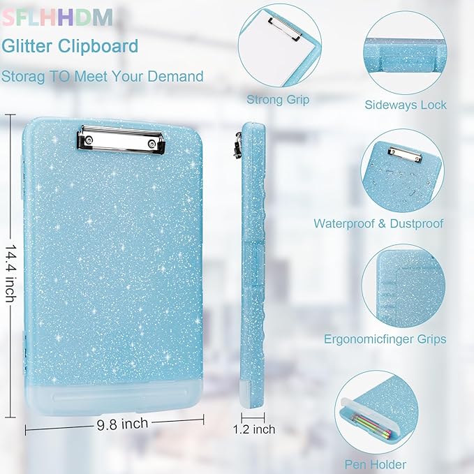 Glitter Clipboard with Storage,Storage Clipboard with Pen Holder,A4 Binder Clip Boards 8.5x11 with Low Profile Clip,Side Opening Sparkle Clipboards, Clipboards Folder for Office Supplies-Aqua Blue