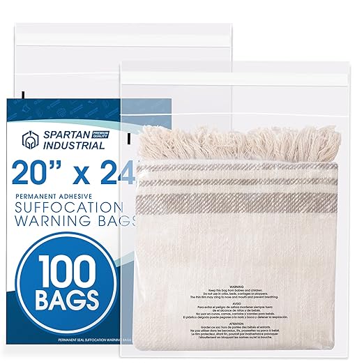 Spartan Industrial - 20" X 24" (100 Count) Self-Seal Clear Poly Bags With Suffocation Warning for Packaging, Bedding, Costumes - Permanent Adhesive