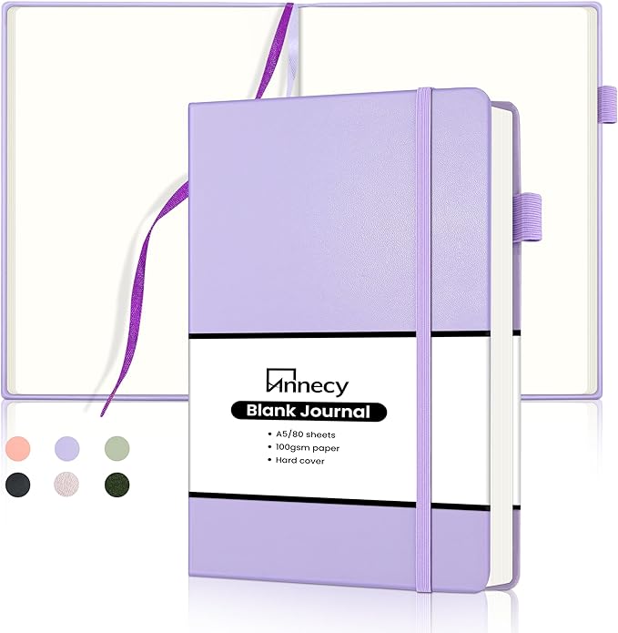 Annecy Blank Journal Notebook, Medium 5.5x 8.25, 160 Pages 100GSM Writing Paper, A5 Purple Faux Leather Cover with Pen Loop