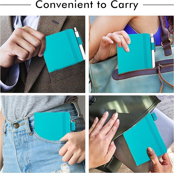 feela 6 Pack Pocket Mini Notebooks Bulk, Small Cute Memo Notepads Hardcover College Ruled Lined Journals with Pen Holder for School Business Work, with 6 Black Pens, 3.5”x 5.5”, A6, Emerald