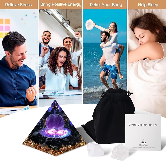 Hopeseed Orgone Pyramid for Positive Energy, Orgonite Amethyst&Obsidian Healing Crystal Pyramids for Reduce Stress Chakra Reiki Healing Meditation Attracts Lucky and Success