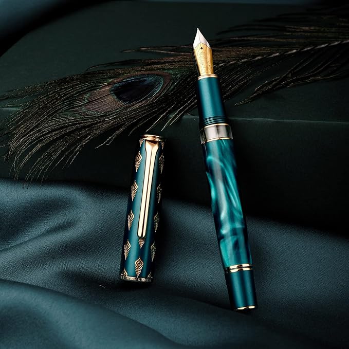 Hongdian N7 Blue Peacock Resin Piston Fountain Pen, Iridium Fine Nib Classic Pen, Smooth Writing Pen with Metal Box