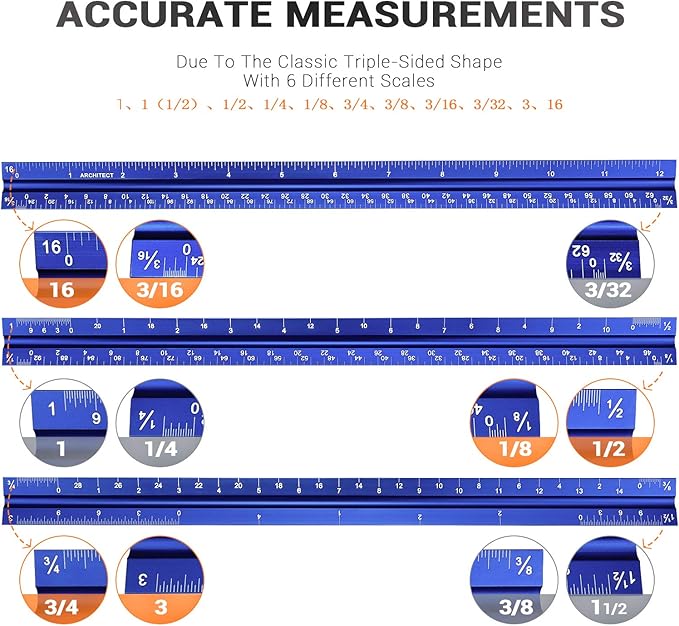 12" Architectural Scale Ruler Aluminum Architect Scale Triangular Scale Ruler for Architects, Draftsman, Students and Engineers, Blue