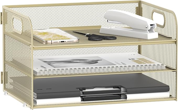 Daltack 3-Tier Paper Organizer with Handle, Mesh Desk Organizer Letter Tray, Paper Tray Organizer File Organizer for A4 File Folder, Golden Yellow