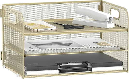 Daltack 3-Tier Paper Organizer with Handle, Mesh Desk Organizer Letter Tray, Paper Tray Organizer File Organizer for A4 File Folder, Golden Yellow