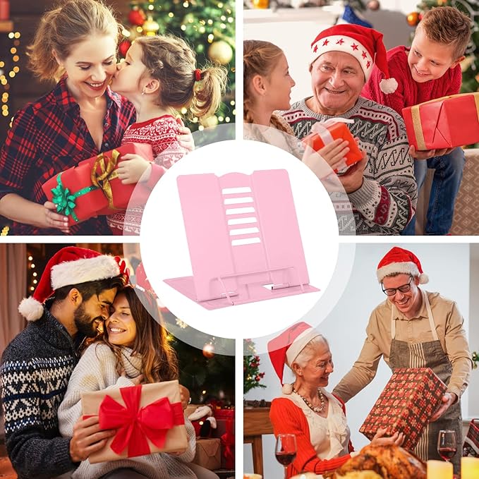 MSDADA Desk Book Stand Metal Reading Rest Book Holder Adjustable Cookbook Documents Holder Portable Sturdy Bookstands for Recipes Textbooks Tablet Music Books with Page Clips (Light Pink)