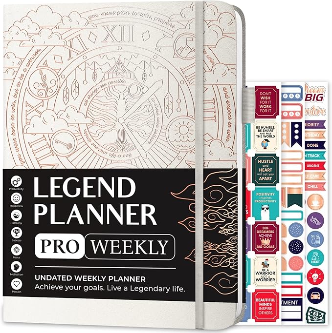 Legend Planner PRO – Deluxe Weekly & Monthly Life Planner to Increase Productivity and Hit Your Goals. Time Management Organizer Notebook – Undated – 7 x 10" Hardcover + Stickers – White