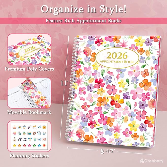 CRANBURY Daily Planner 2026, 8.5x11 Appointment Book, Jan to Dec 2026, 15-Min Hourly Scheduler, Large Planner Book with Colorful Tabs, Premium Paper (Blossoms)
