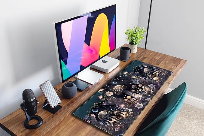 Cute Dark Mushroom Moon Night Mouse Pad XL Extended Gaming Mat with Stitched Edges, Computer Laptop Keyboard and Mouse Mat for Women Office Desk Decor, 31.5x11.8 in