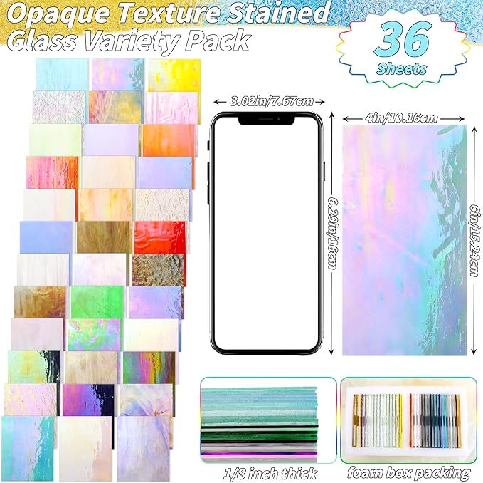 36 Sheets Opaque Stained Glass Bulk Variety Pack, 4 x 6 Inch Mosaic Glass Tiles for Crafts, Assorted Colors Cathedral Art Glasses Sheets for Stained Glass Making Projects
