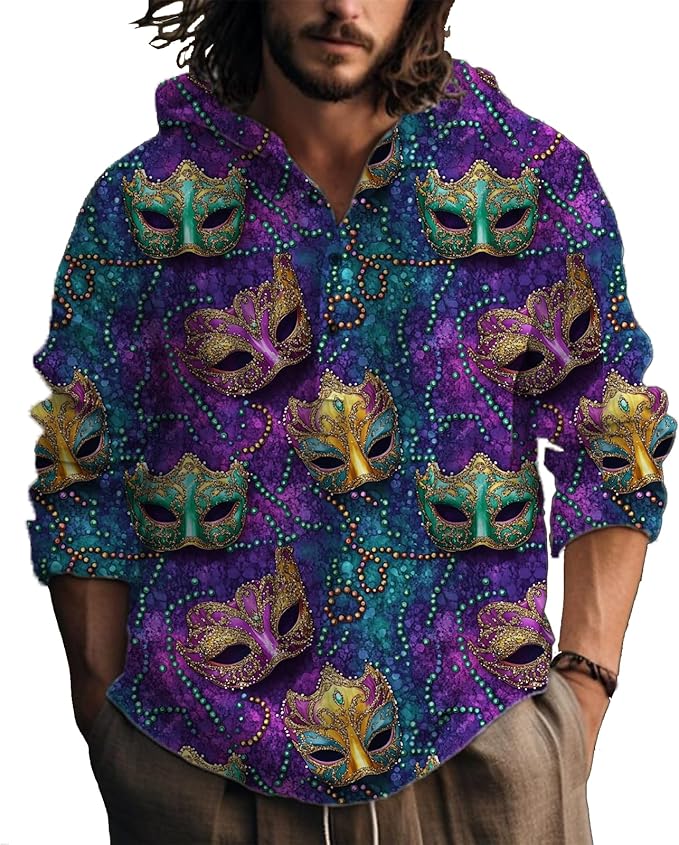 MARSVOVO Hooded Long Sleeve Shirt Men Fashion Graphic Button Up Lightweight Big and Tall Casual Vacation Shirts for Men