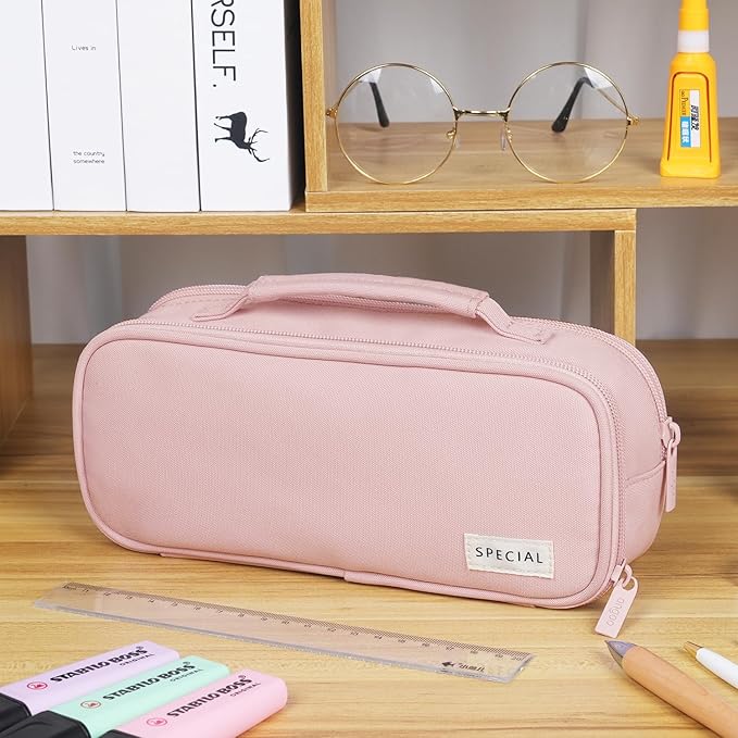 MAMUNU Pencil Case Large Capacity with 3 Compartments, Pencil Case Pouch Bag with Zipper Handle Portable Pen Stationery Organizer for Teen Girls Adults College School Office Travel, Pink