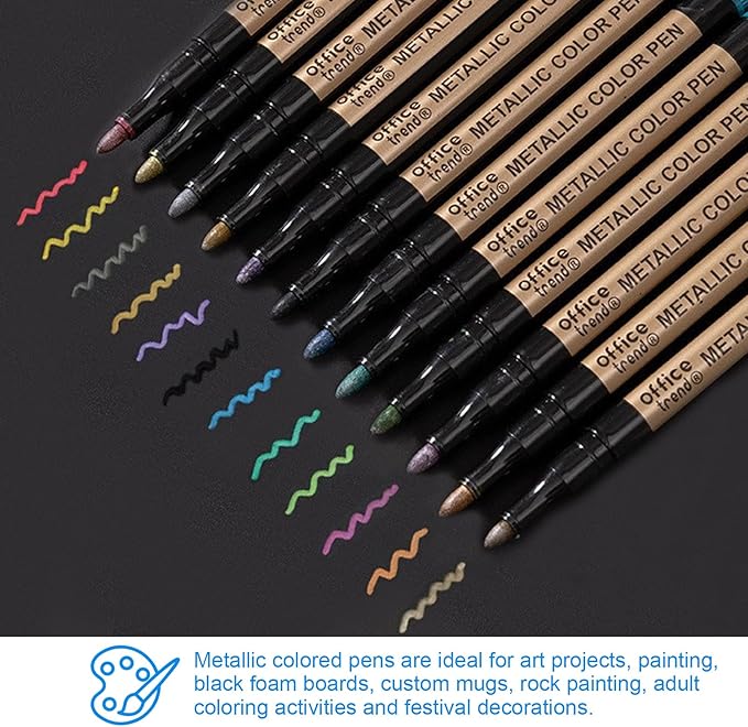 12 Colors Metallic Paint Markers, Medium Tip Acrylic Paint Pens for Black Paper, Scrapbooking Supplies for Vision Board and Art Crafts, Metallic Markers for Rock Painting and Photo Albums