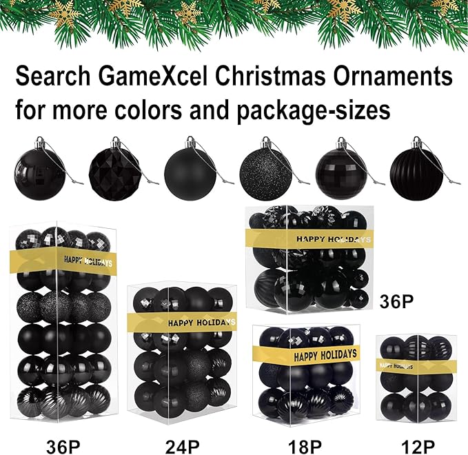 Black Christmas Ornaments - Christmas Tree Decorations Shatterproof Hanging Balls for Birthday Wedding Holiday Decor Set of 36pcs, Multi-Sizes(1.6",2.5",3.2")