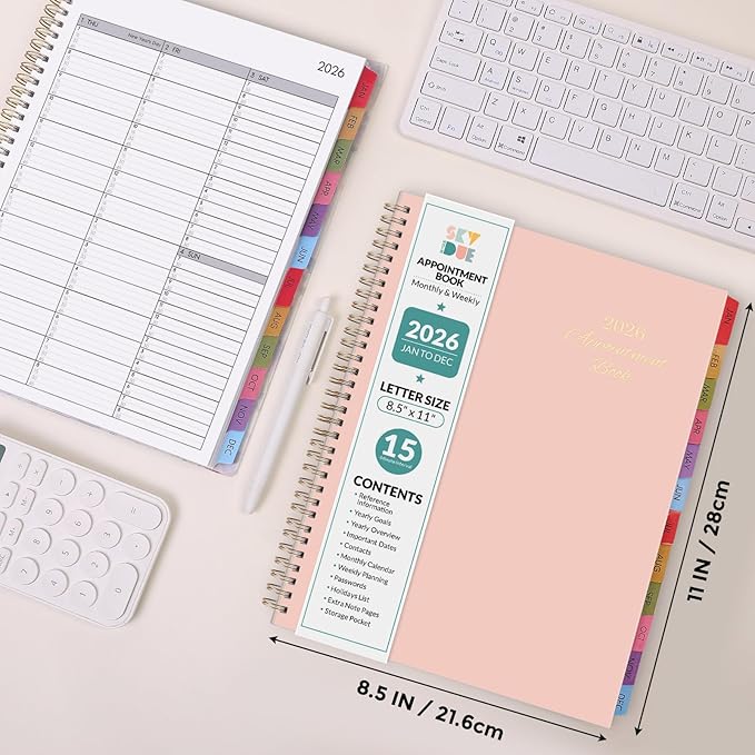 SKYDUE 2026 Appointment Book, 8.5" x 11", Hourly Planner with 15 & 30-Minute Increments, Weekly & Monthly Planner for January - December 2026, Perfect for Daily Planning Pink