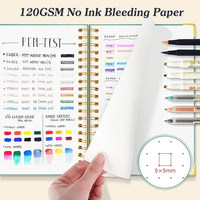 Bullet Dotted Journal Spiral Notebook, 300 Pages Leather Notebooks with Contens, 120 GSM Thick No Bleed Through Paper Journals, A4 Large Dot Grid Notebook for Women Men Work Writing, 8.5" x 11", Green