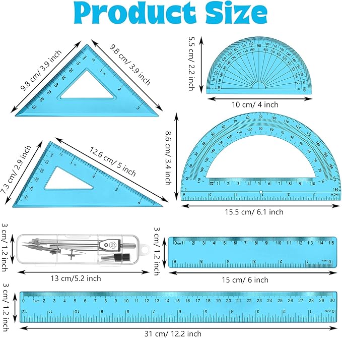 Zonon 1 Set Plastic Geometry Math Set Includes Drawing Compass, 6 Inch 4 Inch Protractor, 45/60 Degree Triangle Rulers 12 Inch 6 Inch Math Ruler Transparent for Office Supplies(Blue)