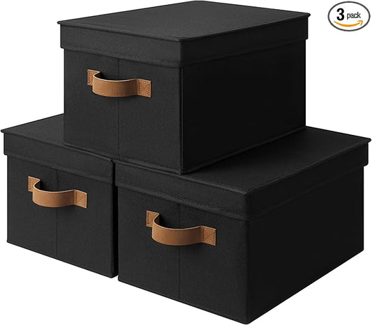 StorageWorks Large Storage Bins with Lids, Decorative Storage Boxes with Lid and PU Handles, Foldable Storage Baskets for Closet, Shelves, Stackable, Black, 3-Pack