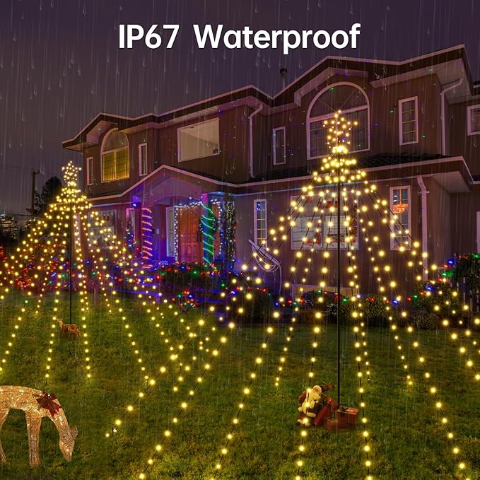 Christmas Tree Lights 340LED with Topper Star, IP67 Waterproof Remote Control Waterfall Lights with Pole, 16 Modes 3 Timers Dimmable Christmas Decorations for Outdoor Yard (Warm White)