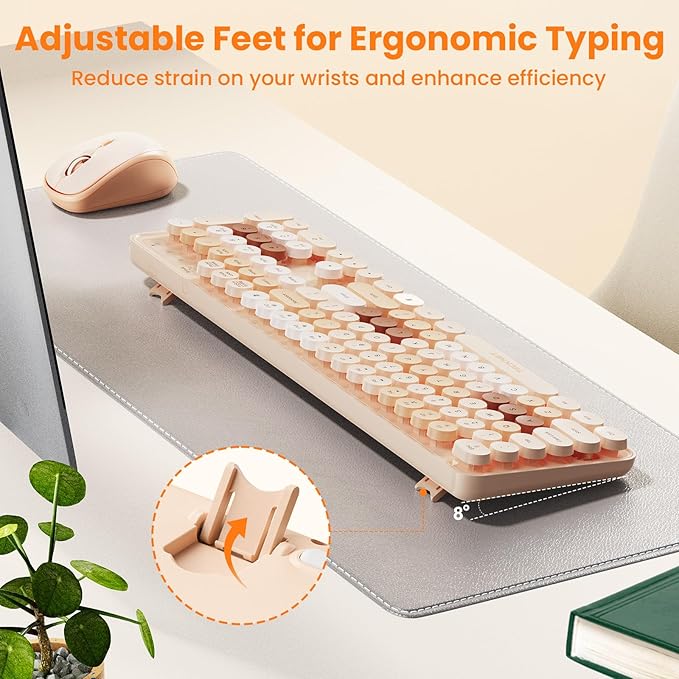 TECKNET Retro Typewriter Keyboard and Mouse Combo, Full Size 2.4G & Bluetooth Dual Mode Wireless Keyboard with Round Keycaps, Colorful Design, Ergonomic Adjustable Tilt, Spill-Resistant, for Windows