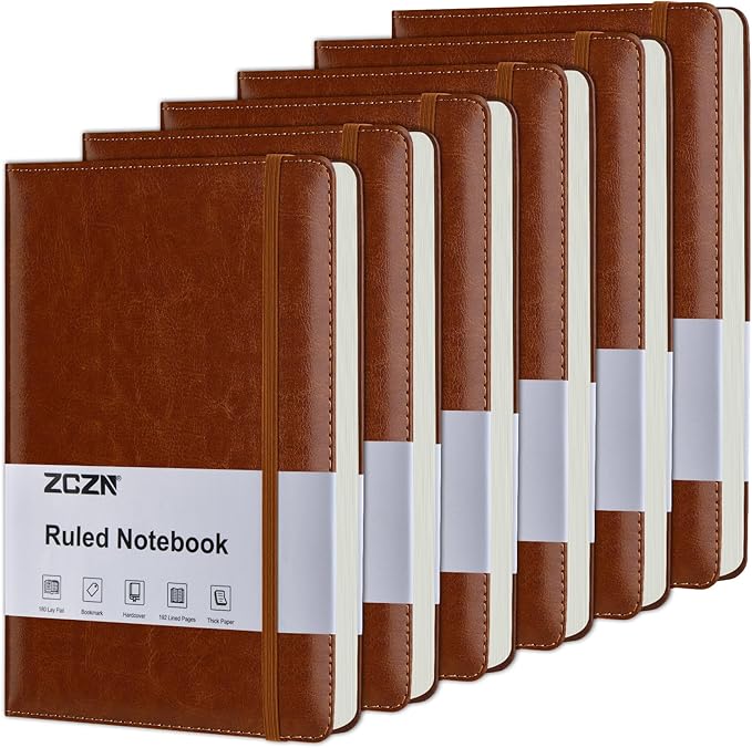 ZCZN Lined Journal Notebooks for Work, 5.5x8.3 in, 192 Pages, Hardcover Leather A5 Journals for Writing, Diary & Travel, College Ruled Journaling Notebooks for School, Office, Home (Brown*6)