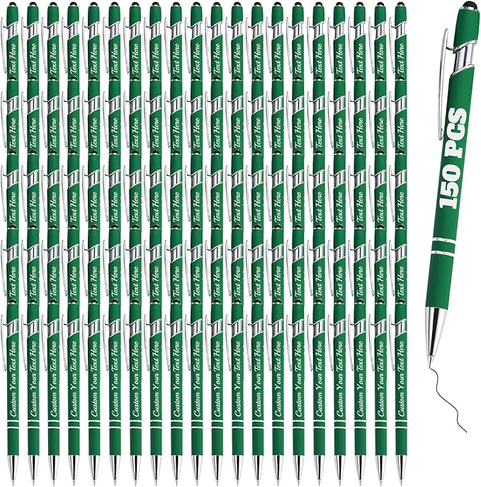 Personalized Pens Bulk 150 with Name Custom Engraving Ballpoint Pens with Stylus Tip Customized Smooth Writing Pens Personalized Gifts for Anniversary Birthday or Graduation(Dark Green,Black Ink)