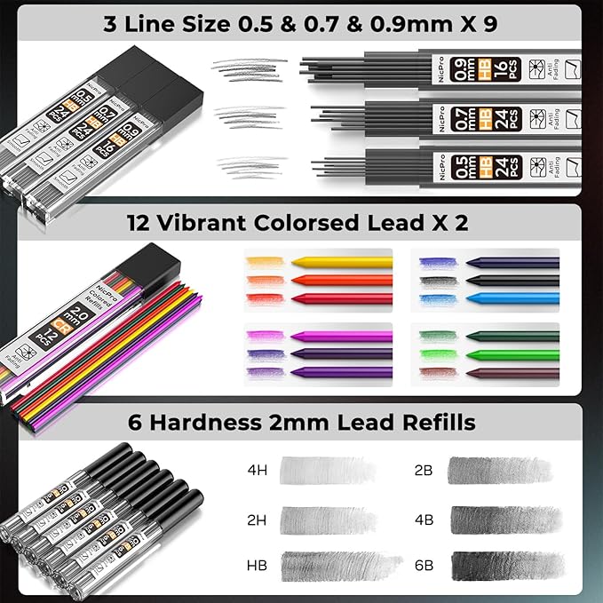 Nicpro 37PCS Art Mechanical Pencil Set, Metal Drafting Pencils 0.5 mm, 0.7 mm, 0.9 mm & 2mm Lead Pencil Holder (6B 4B 2B HB 2H 4H Colors) For Sketching Drawing With 20 Tube Lead Refills Eraser Case