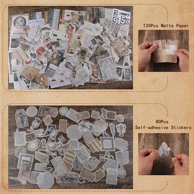 200Pcs Vintage Scrapbook Stickers, Aesthetic Junk Journal Stamping Supplies Kit, Scrapbooking Ephemera Washi Paper for Bullet Journaling Planners Diary Collage