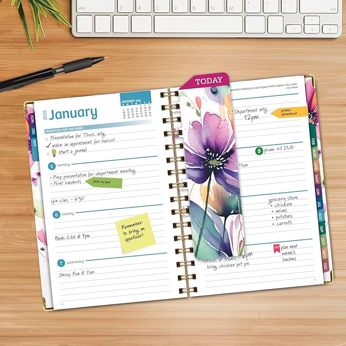 HARDCOVER 2026 Planner, 5.5"x8": 14 Months (November 2025 - December 2026), Daily Weekly Monthly Planner, Yearly Agenda, Bookmark, Pocket Folder and Sticky Note Set (Rainbow Floral)