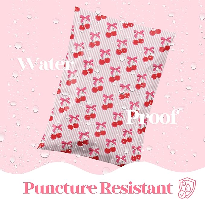 6x9 Designer Poly Mailer 100 Pack Heavy Duty Waterproof Self Seal Shipping Bags for Small Business Large Mailing Envelopes Bulk Tear Resistant Packaging Pink Stripe Cherry Fruit