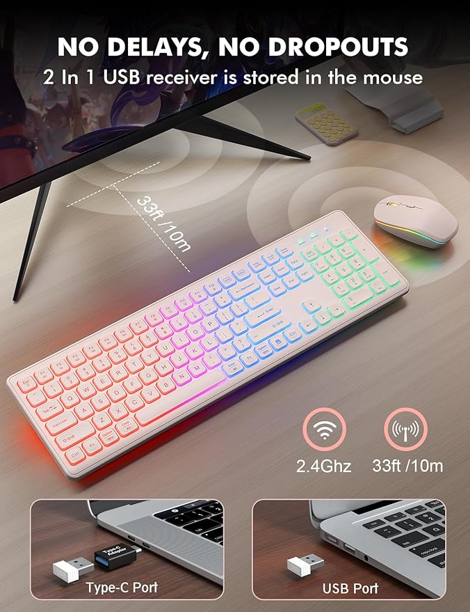 Wireless Keyboard and Mouse Combo - RGB Backlit, Rechargeable & Light Up Letters, Full-Size, Ergonomic Tilt Angle, Sleep Mode, 2.4GHz Quiet Keyboard Mouse for Mac, Windows, Laptop, PC, Trueque, Pink