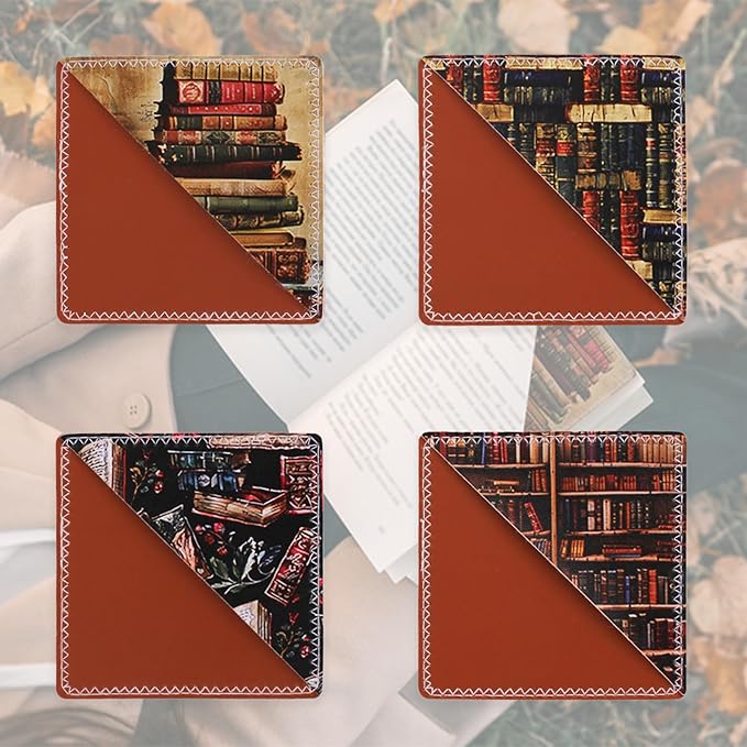 4 Pieces Leather Bookmarks, Cute Book Accessories for Reading Lovers, Page Markers for Women Men Kids Students Teachers Retirement Birthday Gift (Retro Books)