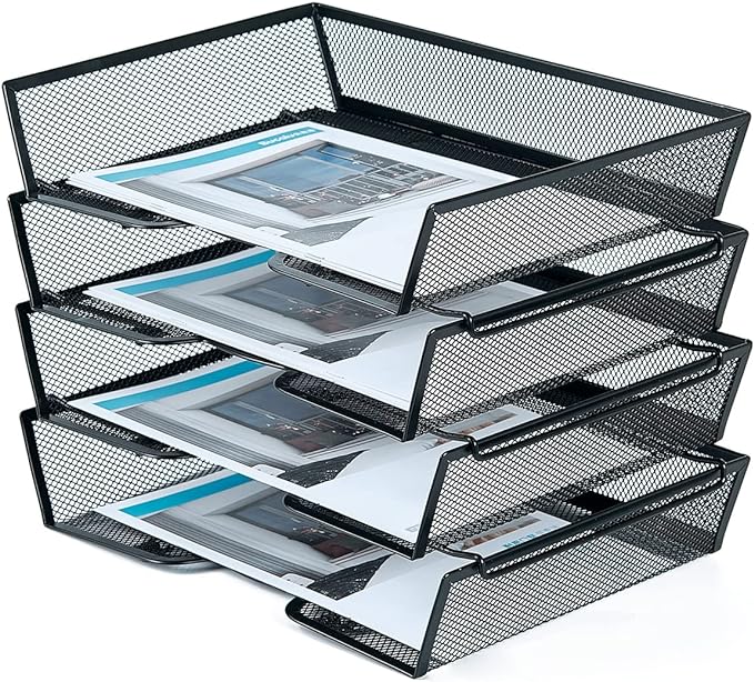 SETTFRFE 4 Tier Metal Mesh Desk Organizer-Stackable Letter Trays for Office Supplies,Black File Storage System with Reinforced Edges