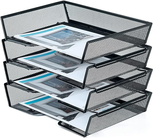 SETTFRFE 4 Tier Metal Mesh Desk Organizer-Stackable Letter Trays for Office Supplies,Black File Storage System with Reinforced Edges