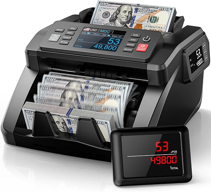 PONNOR N70 Mixed Denomination Money Counter Machine, Value Counting, Cash Counter with Three Displays, UV/MG/IR/MT Counterfeit Detection for Money Counting, Printer Enabled Bill Counter for Business