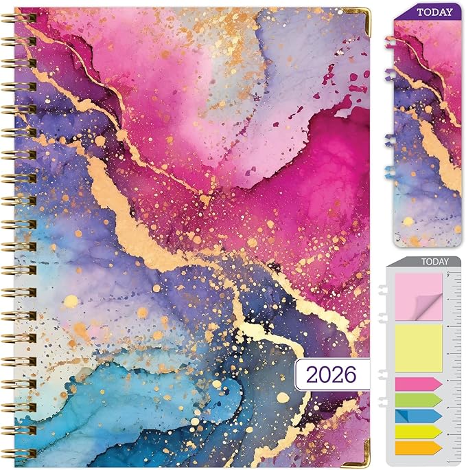 HARDCOVER 2026 Planner, 8.5"x11": 14 Months (November 2025 - December 2026), Daily Weekly Monthly Planner, Yearly Agenda, Bookmark, Pocket Folder and Sticky Note Set (Rainbow Gold Marble)