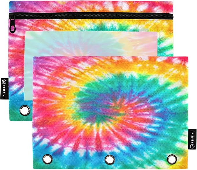 Tie Dye Pencil Pouch for 3 Ring Binder, 2 Pack Waterproof Pencil Bags Clear Window Zipper School Office Supplies