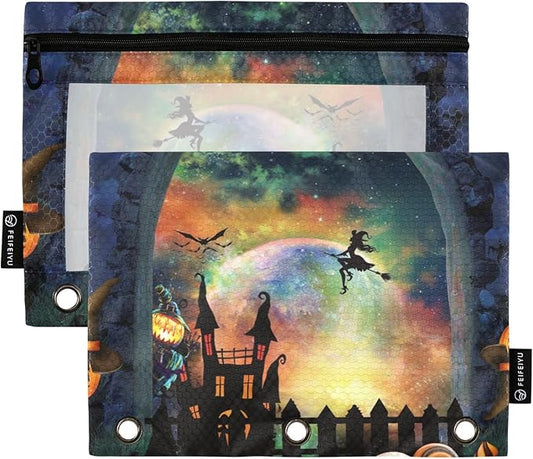 ZAZYXTJ Personalized Halloween Binder Pencil Pouchs 3 Ring with Zipper Clear Window Office Organizers bag for School Students Teacher Supplies 2 Pack