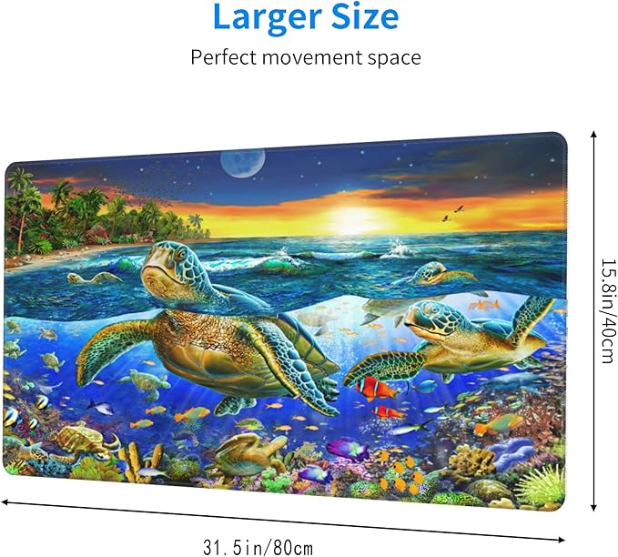 Desk Mat,Sea Turtle Extended Gaming Mouse Pad for Office Work & Game,Computer Keyboard Mouse Mat Desk Non-Slip Rubber Base Large Mousepad with Stitched Edges, 31.5x15.7inch